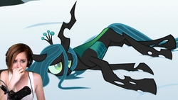 Size: 2560x1440 | Tagged: safe, edit, edited screencap, screencap, queen chrysalis, changeling, changeling queen, human, frenemies (episode), g4, female, meme, on side