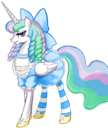 Size: 1757x2080 | Tagged: safe, artist:johnjoseco, color edit, edit, princess celestia, alicorn, pony, g4, alternate hairstyle, bow, clothes, colored, cosplay, costume, dress, female, frilly dress, hair bow, hair drills, mare, nightmare night, socks, solo, striped socks