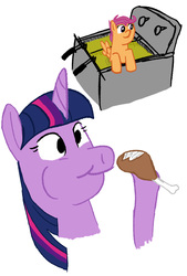 Size: 852x1261 | Tagged: safe, artist:dashusethetrashcan, scootaloo, twilight sparkle, bird, chicken, pegasus, pony, g4, eating, female, filly, food, fryer, meat, ponies eating meat, scootachicken, twipred