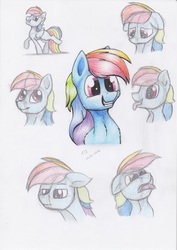 Size: 2480x3508 | Tagged: safe, artist:reptilianbirds, rainbow dash, pony, g4, bored, bust, expressions, female, floppy ears, high res, mare, simple background, sketch, sketch dump, smiling, solo, tongue out, traditional art, white background
