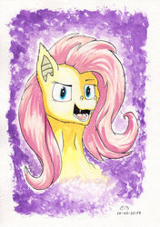Size: 1024x1456 | Tagged: safe, artist:reptilianbirds, fluttershy, bat pony, pony, g4, abstract background, bat ponified, bust, female, flutterbat, lidded eyes, looking at you, mare, open mouth, race swap, solo, traditional art