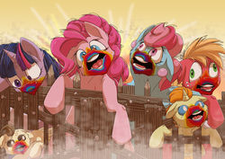 Size: 1024x725 | Tagged: safe, artist:reptilianbirds, big macintosh, cup cake, pinkie pie, pound cake, pumpkin cake, twilight sparkle, pony, 28 pranks later, g4, colt, cookie zombie, derp, female, fence, filly, floppy ears, foal, male, mare, narrowed eyes, open mouth, rainbow muzzle, stallion, teeth