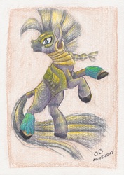 Size: 1985x2809 | Tagged: safe, artist:reptilianbirds, zecora, pony, zebra, g4, abstract background, alternate timeline, chrysalis resistance timeline, female, looking at you, mare, mask, rearing, resistance leader zecora, solo, traditional art