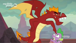 Size: 1320x758 | Tagged: safe, screencap, garble, spike, dragon, g4, sweet and smoky, bully, bullying, discovery family logo, dragon lands, duo, male, pointing, poking, winged spike, wings