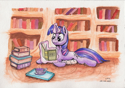 Size: 2817x1993 | Tagged: safe, artist:reptilianbirds, twilight sparkle, pony, unicorn, g4, book, comfy, cup, female, glowing horn, golden oaks library, horn, magic, mare, pillow, prone, reading, smiling, solo, teacup, telekinesis, traditional art, unicorn twilight