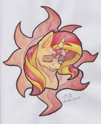 Size: 1513x1849 | Tagged: safe, artist:reptilianbirds, sunset shimmer, pony, unicorn, g4, bust, cutie mark background, eyes closed, female, mare, simple background, smiling, solo, traditional art, white background