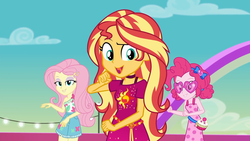 Size: 1920x1080 | Tagged: safe, screencap, fluttershy, pinkie pie, sunset shimmer, equestria girls, equestria girls series, g4, i'm on a yacht, spoiler:eqg series (season 2), cute, diapinkes, female, geode of empathy, geode of fauna, geode of shielding, geode of sugar bombs, geode of super speed, geode of super strength, geode of telekinesis, glasses, heart shaped glasses, lidded eyes, looking at you, magical geodes, open mouth, shimmerbetes, shyabetes, smiling, sunglasses, trio, trio female