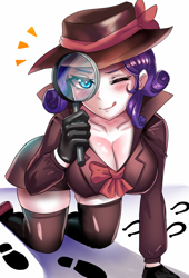 Size: 800x1179 | Tagged: safe, artist:tzc, rarity, human, adorasexy, anime, big breasts, blushing, bow, breasts, busty rarity, cleavage, clothes, coat, cute, detective rarity, downblouse, dress, erect nipples, fedora, female, footprint, gloves, hat, hoofprints, humanized, kneeling, licking, licking lips, looking at you, magnifying glass, miniskirt, nipple outline, one eye closed, sexy, simple background, skirt, smiling, socks, solo, stupid sexy rarity, thigh highs, thighs, tongue out, white background, wink, zettai ryouiki