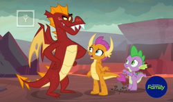 Size: 1276x752 | Tagged: safe, screencap, garble, smolder, spike, dragon, g4, sweet and smoky, discovery family logo, dragoness, female, male, trio, tv rating, tv-y, winged spike, wings