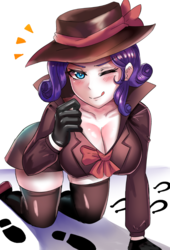 Size: 760x1120 | Tagged: safe, alternate version, artist:tzc, rarity, human, g4, anime, big breasts, blushing, bow, breasts, busty rarity, cleavage, clothes, coat, detective rarity, downblouse, female, gloves, hat, humanized, kneeling, licking, licking lips, looking at you, one eye closed, simple background, smiling, socks, solo, thigh highs, tongue out, white background, wink