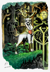 Size: 1323x1877 | Tagged: safe, artist:reptilianbirds, idw, king aspen, deer, g4, spoiler:comic, bracer, city, gate, lantern, male, peytral, solo, stag, thicket