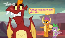 Size: 1274x756 | Tagged: safe, edit, edited screencap, screencap, garble, smolder, spike, dragon, g4, sweet and smoky, dialogue, discovery family logo, dragon lands, dragoness, female, male, my little pony logo, shocked, speech bubble, trio