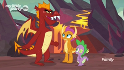 Size: 1328x752 | Tagged: safe, screencap, garble, smolder, spike, dragon, g4, sweet and smoky, discovery family logo, dragoness, female, lava, male, trio, unamused, winged spike, wings