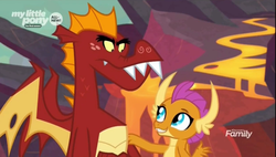 Size: 1330x756 | Tagged: safe, screencap, garble, smolder, dragon, g4, sweet and smoky, brother and sister, claws, discovery family logo, dragon lands, dragoness, duo, fangs, female, folded wings, lava, little sister, looking at each other, male, persuasion, siblings, spread wings, wings