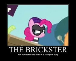 Size: 750x600 | Tagged: safe, artist:alphagirl404, edit, edited screencap, screencap, pinkie pie, earth pony, pony, g4, pinkie apple pie, apples to the core, bandit mask, beanie, clothes, crook, crossover, hat, lego, lego island, mask, motivational poster, prison outfit, prison stripes, solo focus, the brickster, thief