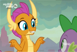 Size: 1144x766 | Tagged: safe, screencap, smolder, spike, dragon, g4, sweet and smoky, discovery family logo, dragoness, female, outdoors, solo focus, winged spike, wings