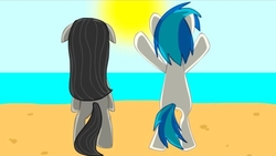 Size: 854x480 | Tagged: safe, artist:animatedjames, dj pon-3, octavia melody, vinyl scratch, pony, a tropical octav3, g4, beach, bipedal, floppy ears, hooves up, sun, water, youtube thumbnail