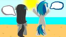 Size: 854x480 | Tagged: safe, artist:animatedjames, dj pon-3, octavia melody, vinyl scratch, pony, a tropical octav3, g4, beach, exploitable meme, floppy ears, hooves up, meme, speech bubble, sun, water