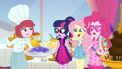 Size: 1920x1080 | Tagged: safe, screencap, fluttershy, pinkie pie, puffed pastry, sci-twi, twilight sparkle, human, lobster, equestria girls, g4, i'm on a yacht, my little pony equestria girls: better together, background human, beauty mark, buffet, chef, chef's hat, chocolate fountain, cruise outfit, cupcake, cute, dessert, female, food, geode of fauna, geode of telekinesis, glasses, hat, heart shaped glasses, legs, magical geodes, open mouth, ponytail, shyabetes, sleeveless, smiling, strawberry, varying degrees of want