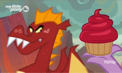 Size: 1276x758 | Tagged: safe, screencap, garble, spike, dragon, g4, sweet and smoky, claw, cupcake, food, male, offering, unamused