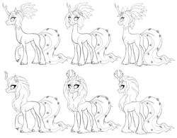 Size: 2750x2160 | Tagged: safe, artist:heilos, tree of harmony, oc, oc only, oc:harmony (heilos), classical unicorn, pony, unicorn, alternate design, black and white, cloven hooves, description in comments, female, flower, flower in hair, grayscale, high res, horn, leonine tail, lineart, mare, monochrome, ponified, raised hoof, simple background, sketch, smiling, solo, unshorn fetlocks, white background