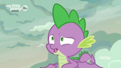 Size: 1332x754 | Tagged: safe, screencap, spike, dragon, g4, sweet and smoky, cloud, flying, male, solo, winged spike, wings