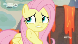 Size: 1324x756 | Tagged: safe, screencap, fluttershy, pegasus, pony, g4, sweet and smoky, discovery family logo, female, mare, my little pony logo, solo, worried