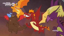 Size: 1324x756 | Tagged: safe, screencap, billy, clump, garble, spear (g4), dragon, g4, sweet and smoky, blushing, discovery family logo, embarrassed, flying, group, male, my little pony logo, quartet, teenaged dragon