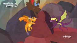 Size: 1324x750 | Tagged: safe, screencap, billy, clump, spear (g4), dragon, g4, sweet and smoky, boulder, discovery family logo, male, teenaged dragon, trio