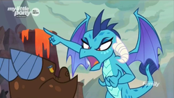 Size: 1366x768 | Tagged: safe, screencap, clump, princess ember, dragon, g4, sweet and smoky, angry, claws, discovery family logo, dragon lord ember, dragoness, female, flying, furious, intimidating, lava, male, scared, spread wings, upset, volcano, wings, yelling