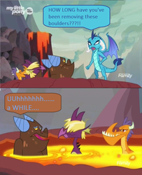 Size: 1240x1528 | Tagged: safe, edit, edited screencap, screencap, billy, clump, princess ember, spear (g4), dragon, g4, sweet and smoky, angry, comic, dialogue, discovery family logo, dragon lord ember, dragoness, female, lava, lava bathing, lava pool, male, nervous, screencap comic, speech bubble, upset