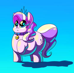 Size: 838x820 | Tagged: safe, artist:secretgoombaman12345, diamond tiara, earth pony, pony, ask chubby diamond, g4, ask, chubby diamond, collar, fat, female, large butt, mare, pet, pet play, pet tag, shadow, solo, starry eyes, thick, tumblr, wingding eyes