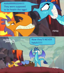 Size: 1328x1520 | Tagged: safe, screencap, billy, clump, princess ember, spear (g4), dragon, g4, sweet and smoky, angry, discovery family logo, dragon lord ember, dragoness, female, lava, male, speech bubble, upset, yelling