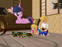 Size: 1024x768 | Tagged: safe, artist:tonypilot, twilight sparkle, oc, oc:lenny, oc:rini, alicorn, human, pony, g4, 3d, lego, mmd, toy, train, twilight sparkle (alicorn)