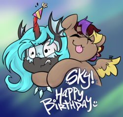Size: 2615x2474 | Tagged: safe, artist:midnightpremiere, oc, oc only, oc:hors, oc:lux arcana, alicorn, pegasus, pony, alicorn oc, body markings, colored horn, glomp, happy birthday, high res, horn, hug, jewelry, necklace, simple background