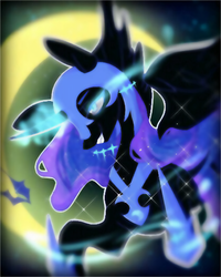 Size: 1668x2080 | Tagged: safe, artist:薯片猫, derpibooru exclusive, nightmare moon, oc, oc:nyx, alicorn, pony, fanfic:past sins, g4, alicorn oc, armor, commission, female, glowing eyes, glowing horn, horn, legends of the three kingdoms, magic, mare, moon, night, nightmare nyx, smiling, solo