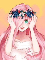 Size: 1080x1439 | Tagged: safe, artist:阿尘_achen, fluttershy, human, g4, female, floral head wreath, flower, humanized, looking at you, solo, wreath