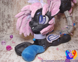 Size: 2865x2304 | Tagged: safe, artist:1stastrastudio, oc, oc only, oc:blueberry blast, original species, primal plant pony, augmented tail, bat wings, choker, fangs, female, high res, irl, photo, plushie, prone, solo, wings