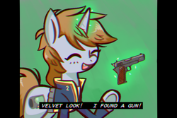 Size: 900x600 | Tagged: safe, artist:provolonepone, oc, oc only, oc:littlepip, pony, unicorn, fallout equestria, clothes, eyes closed, fanfic, fanfic art, female, glowing horn, gun, handgun, hooves, horn, jumpsuit, levitation, magic, mare, open mouth, pipbuck, pistol, solo, telekinesis, vault suit, weapon