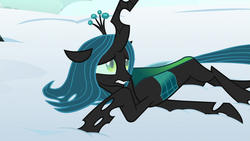 Size: 1920x1080 | Tagged: safe, screencap, queen chrysalis, changeling, changeling queen, frenemies (episode), g4, cute, cutealis, drained, female, floppy ears, magic drain, prone, snow, solo, weak