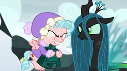 Size: 1920x1080 | Tagged: safe, screencap, cozy glow, queen chrysalis, changeling, changeling queen, pegasus, pony, frenemies (episode), g4, bell, cozy glow is best facemaker, duo, evil smile, female, filly, foal, grin, grogar's bell, slasher smile, smiling