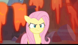 Size: 1000x575 | Tagged: safe, screencap, billy, clump, fluttershy, garble, spear (g4), dragon, pegasus, pony, g4, sweet and smoky, angry, animated, badass, black bars, female, flutterbadass, lava, letterboxing, mare, unamused, yelling