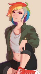 Size: 800x1425 | Tagged: safe, artist:evehly, rainbow dash, human, g4, belly button, clothes, converse, ear piercing, earring, female, humanized, jewelry, midriff, piercing, shoes, simple background, sitting, sneakers, solo, undercut