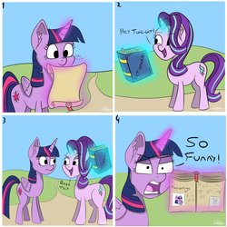 Size: 1650x1650 | Tagged: safe, artist:sadtrooper, starlight glimmer, twilight sparkle, alicorn, pony, unicorn, g4, :o, book, comic, derp, dialogue, dictionary, female, levitation, lidded eyes, loss (meme), magic, mare, mismatched eyes, open mouth, picture, prank, raised eyebrow, sarcasm, scroll, smiling, telekinesis, text, twilight sparkle (alicorn), twilight sparkle is not amused, twilighting, unamused