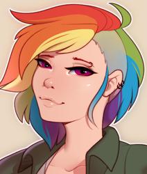 Size: 900x1063 | Tagged: safe, artist:evehly, rainbow dash, human, g4, bust, clothes, ear piercing, earring, female, humanized, jewelry, piercing, portrait, simple background, solo