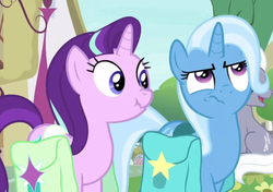 Size: 1136x798 | Tagged: safe, screencap, royal riff, starlight glimmer, trixie, pony, g4, student counsel, saddle bag, scrunchy face, trixie is not amused, unamused