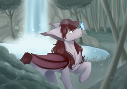 Size: 3507x2480 | Tagged: safe, artist:shadow-nights, oc, oc only, oc:scarlet quill, bat pony, butterfly, pony, bat pony oc, commission, female, high res, mare, raised hoof, smiling, solo, waterfall, ych result