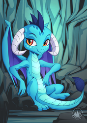 Size: 955x1351 | Tagged: safe, artist:mysticalpha, princess ember, dragon, g4, cute, dragoness, emberbetes, featureless crotch, female, looking at you, rock, sitting, smiling, solo