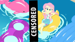 Size: 1366x768 | Tagged: safe, edit, edited screencap, screencap, fluttershy, equestria girls, g4, i'm on a yacht, my little pony equestria girls: better together, adorasexy, bedroom eyes, censor bar, censored, cute, eyeliner, eyeshadow, family friendly, feet, female, floaty, flutterfeet, geode of fauna, inflatable, inflatable bird, inflatable duck, inflatable toy, inflatable whale, lidded eyes, magical geodes, makeup, pool toy, sexy, soles, solo, stupid sexy fluttershy, swimming pool, unnecessary censorship, water