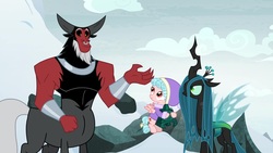 Size: 1920x1080 | Tagged: safe, screencap, cozy glow, lord tirek, queen chrysalis, centaur, changeling, changeling queen, pegasus, pony, frenemies (episode), g4, bell, female, filly, foal, grogar's bell, hat, male, nose piercing, nose ring, piercing, septum piercing, trio, winter outfit